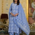 Women Blue Embroidery Viscose Rayon Kurta, Pant And Dupatta Set