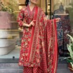 Women Viscose Red Anarkali Kurta And Pant Set With Dupatta