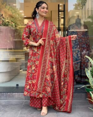 Women Viscose Red Anarkali Kurta And Pant Set With Dupatta