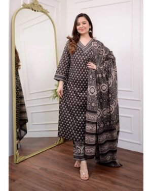 Women Black Embroidery Viscose Rayon Kurta, Pant And Dupatta Set