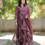 Women Viscose Maroon Anarkali Kurta And Pant Set With Dupatta