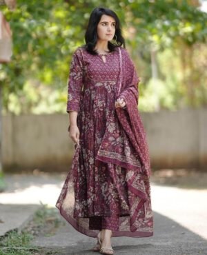 Women Viscose Maroon Anarkali Kurta And Pant Set With Dupatta