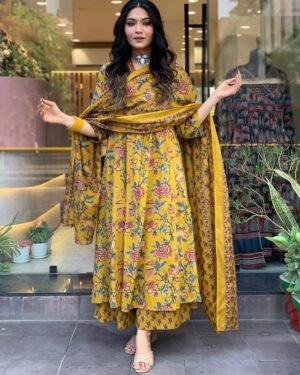 Women Viscose Yellow Anarkali Kurta And Pant Set With Dupatta