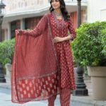 Women Red Embroidery Viscose Rayon Kurta, Pant And Dupatta Set