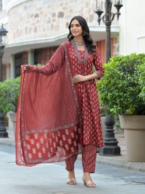 Women Red Embroidery Viscose Rayon Kurta, Pant And Dupatta Set