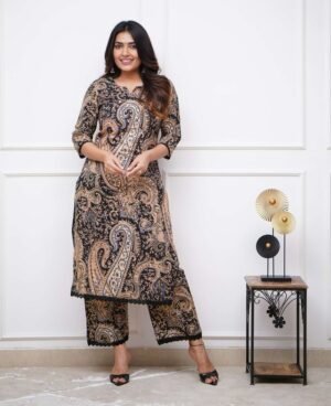 Women Black Printed Viscose Rayon Kurta & Pant Set