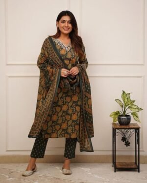 Women Floral Printed Viscose Rayon Green Kurta Pant And Dupatta Set