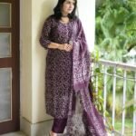 Women Viscose Printed Purple Kurta And Pant Set With Dupatta