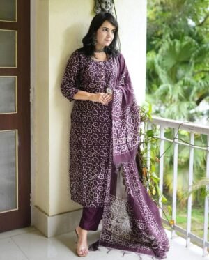 Women Viscose Printed Purple Kurta And Pant Set With Dupatta