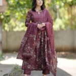 Women Maroon Anarkali Kurta And Pant Set With Dupatta