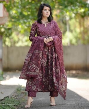 Women Maroon Anarkali Kurta And Pant Set With Dupatta