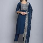 Women Morepeach Embroidery silk Kurta And Pant Set With Dupatta