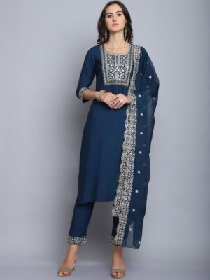 Women Morepeach Embroidery silk Kurta And Pant Set With Dupatta