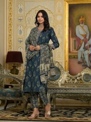 Women Navy Blue Embroidery Viscose Rayon Kurta, Pant And Dupatta Set