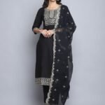 Women Black Embroidery silk Kurta And Pant Set With Dupatta