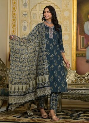 Women Navy Blue Embroidery Viscose Rayon Kurta, Pant And Dupatta Set