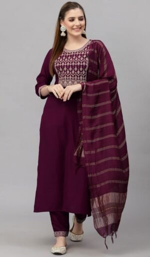 Women Purple Embroidery silk Kurta And Pant Set With Dupatta