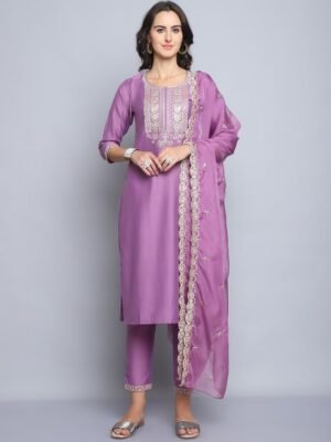 Women Pink Embroidery silk Kurta And Pant Set With Dupatta