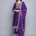 Women Purple Embroidery silk Kurta And Pant Set With Dupatta