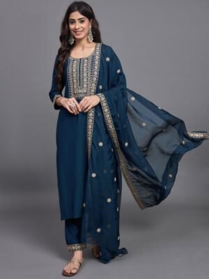 Women Embroidery Straight Kurta And Pant set with Dupatta