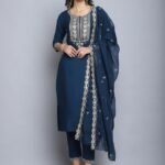 Women Morepeach Embroidery silk Kurta And Pant Set With Dupatta