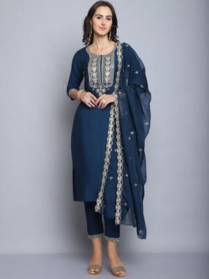 Women Morepeach Embroidery silk Kurta And Pant Set With Dupatta