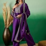 Women Purple Embroidery silk Kurta And Pant Set With Dupatta