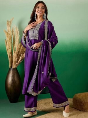 Women Purple Embroidery silk Kurta And Pant Set With Dupatta