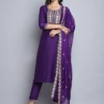 Women Purple Embroidery silk Kurta And Pant Set With Dupatta