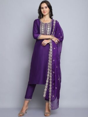 Women Purple Embroidery silk Kurta And Pant Set With Dupatta