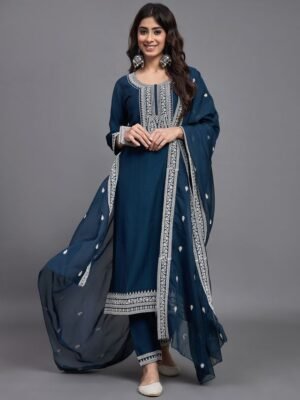 Women Embroidery A-Line Kurta And Pant set with Dupatta