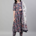 Women Viscose Floral Printed Blue Kurta And Pant Set With Dupatta