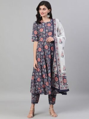 Women Viscose Floral Printed Blue Kurta And Pant Set With Dupatta