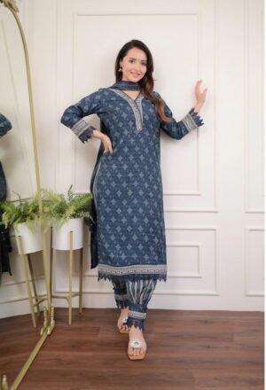 Women Viscose Navy Blue Kurta And Pant Set With Dupatta