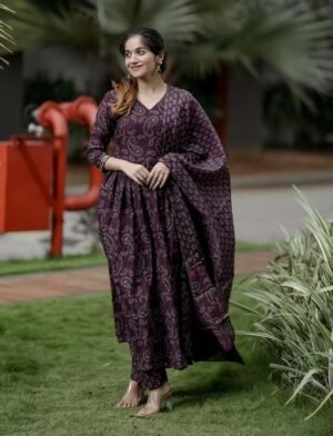 Women Viscose Maroon Anarkali Kurta And Pant Set With Dupatta