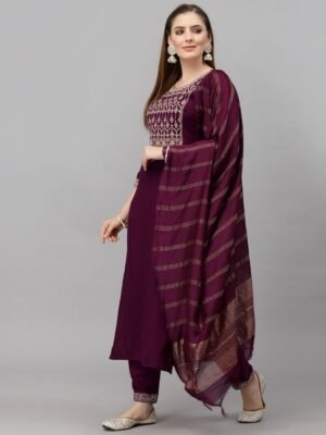 Women Purple Embroidery silk Kurta And Pant Set With Dupatta