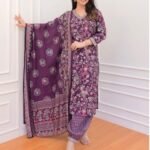 Women Purple Embroidery Viscose Rayon Kurta, Pant And Dupatta Set