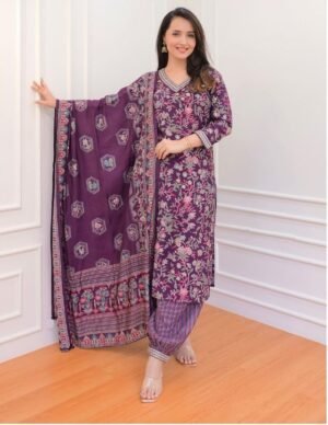 Women Purple Embroidery Viscose Rayon Kurta, Pant And Dupatta Set