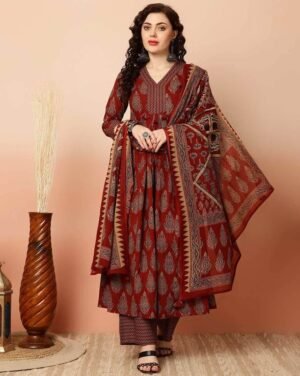 Women Viscose A-Line Red Kurta And Pant Set With Dupatta