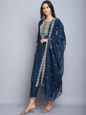 Women Morepeach Embroidery silk Kurta And Pant Set With Dupatta