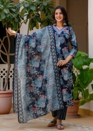 Women Viscose Blue A-Line Kurta And Pant Set With Dupatta