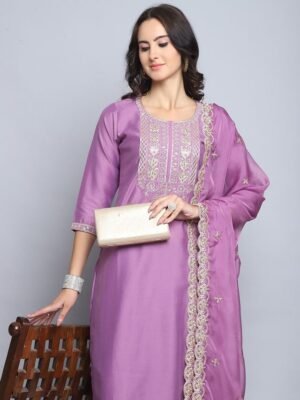 Women Pink Embroidery silk Kurta And Pant Set With Dupatta