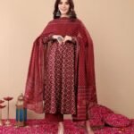 Women Viscose Red Anarkali Kurta And Pant Set With Dupatta