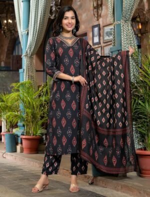 Women Black Embroidery Viscose Rayon Kurta, Pant And Dupatta Set