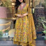 Women Viscose Yellow Anarkali Kurta And Pant Set With Dupatta