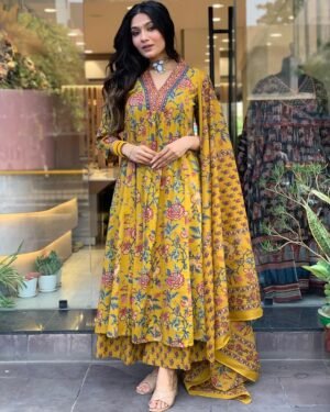 Women Viscose Yellow Anarkali Kurta And Pant Set With Dupatta