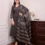 Women Viscose Printed Black Kurta And Pant Set With Dupatta