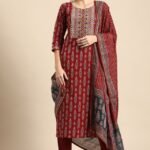 Women Viscose Red Kurta And Pant Set With Dupatta