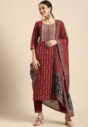 Women Viscose Red Kurta And Pant Set With Dupatta