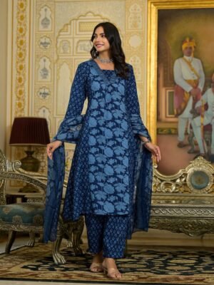 Women Blue Embroidery Viscose Rayon Kurta, Pant And Dupatta Set